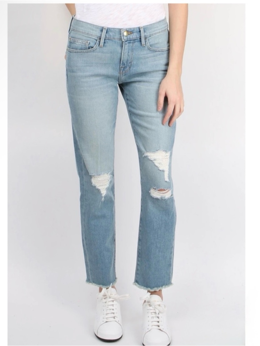 Frame Denim Le Boy Distressed Light Blue Straight Raw Hem in Voss Jeans